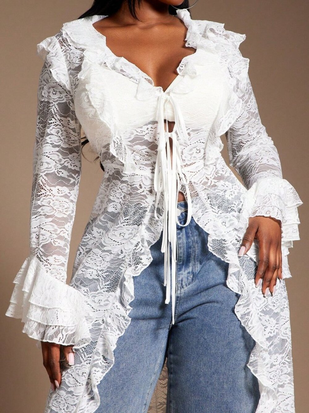 White Casual Women's Plus Size Sheer Lace Ruffle V-neck Long Kimono Cover Up